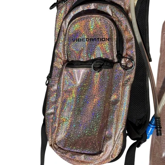 VIBEDRATION Rose Gold Holographic Water Backpack Festival Rave Travel Bladder - Picture 5 of 7